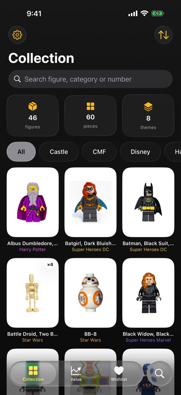The Figbook collection screen, showing a grid of minifigures with their themes.