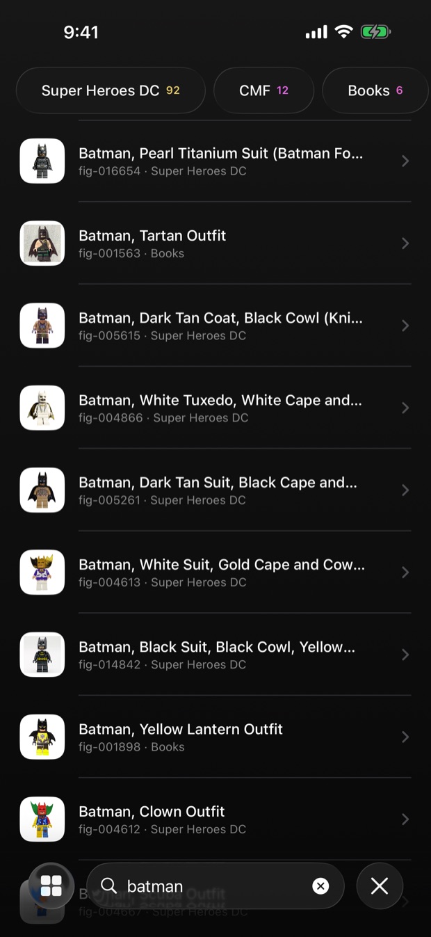 Searching the catalogue for batman, with results ranked by relevance and theme chips to narrow them down.