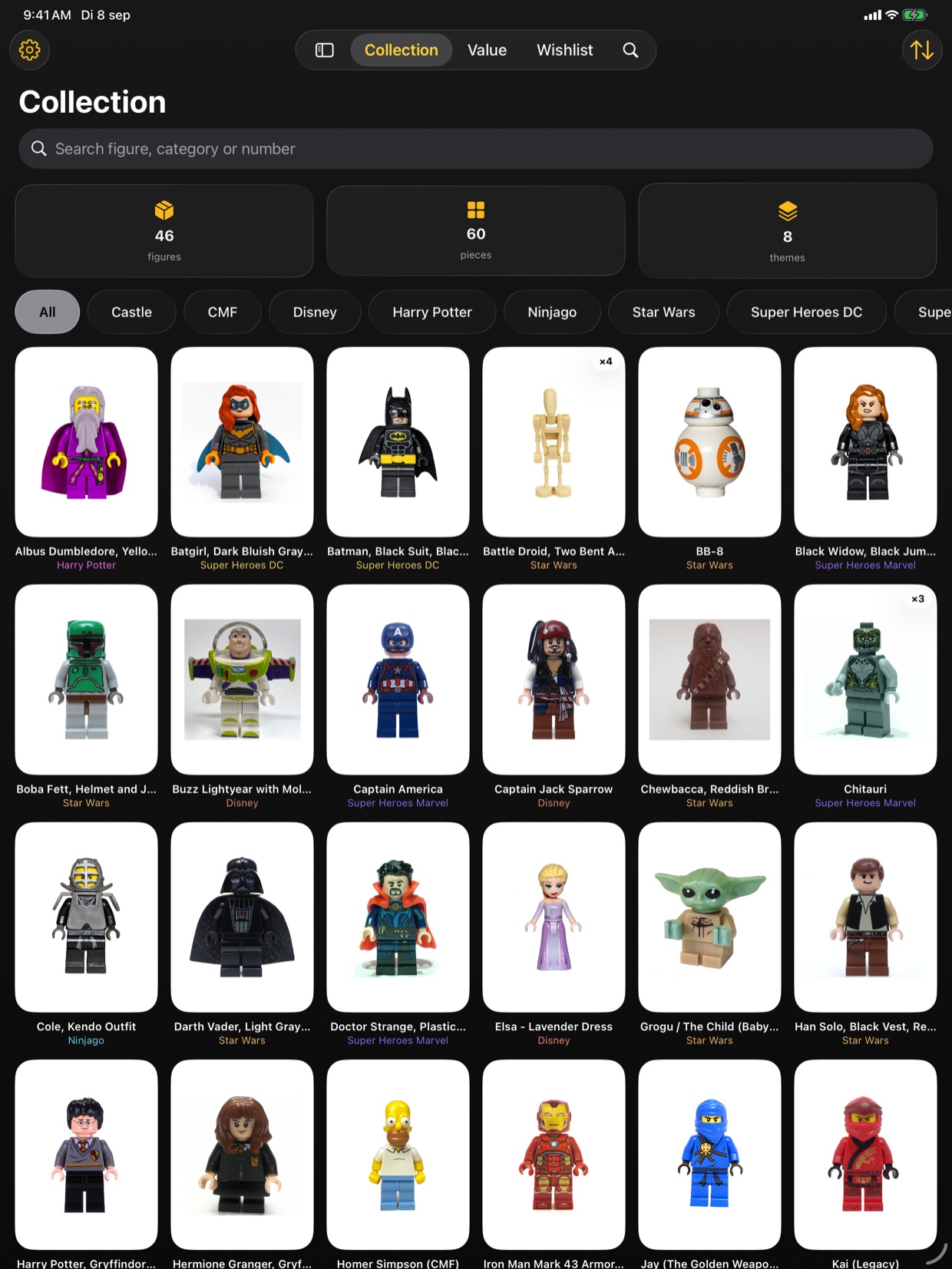 Figbook on iPad, showing the collection grid six figures wide with the tabs along the top.