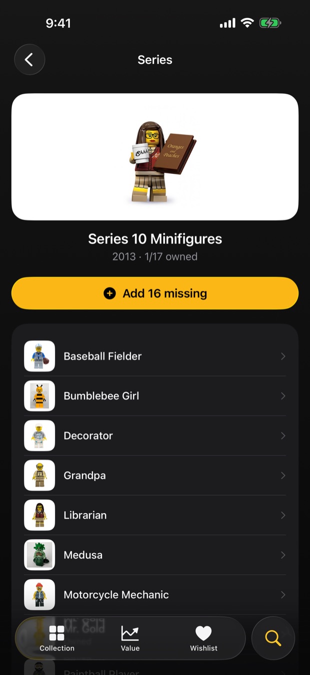Series 10 Minifigures, with one of seventeen figures owned and a button to add the sixteen missing.