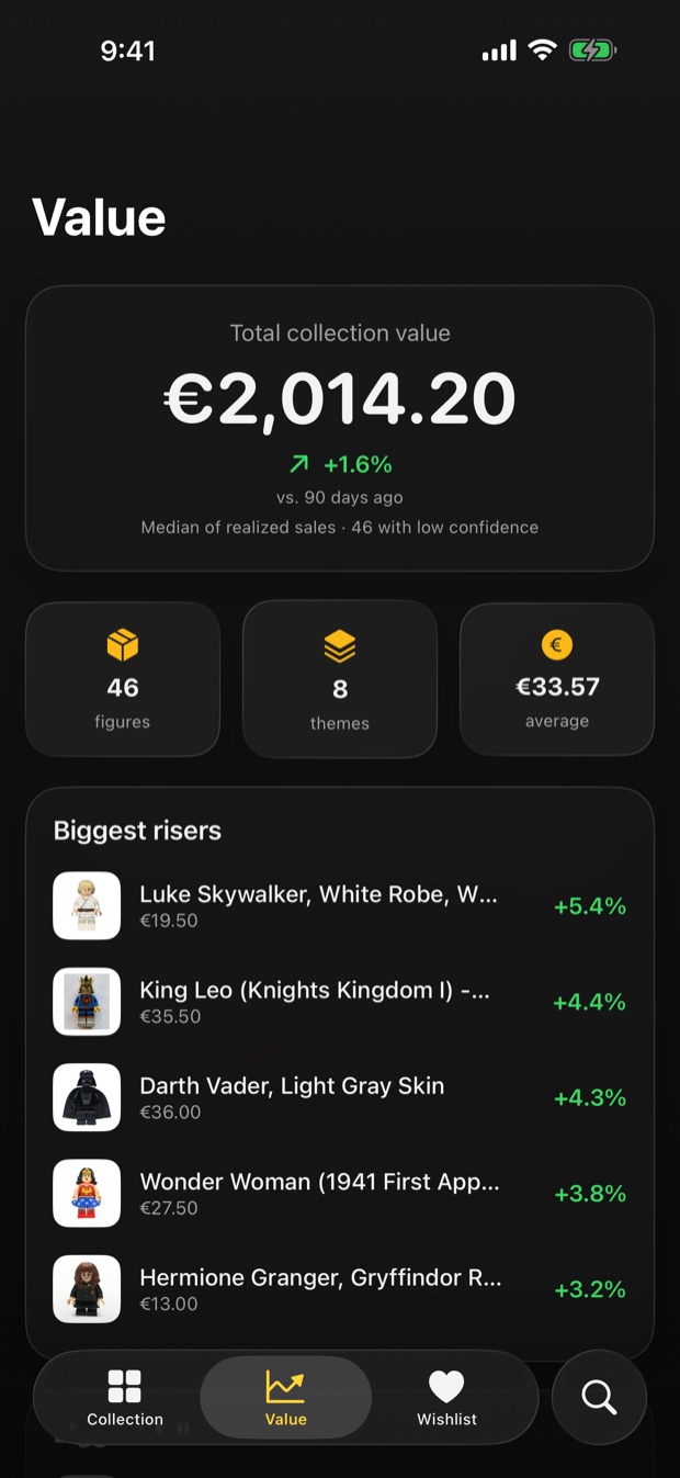 The value screen showing a total collection value, averages and the biggest risers.
