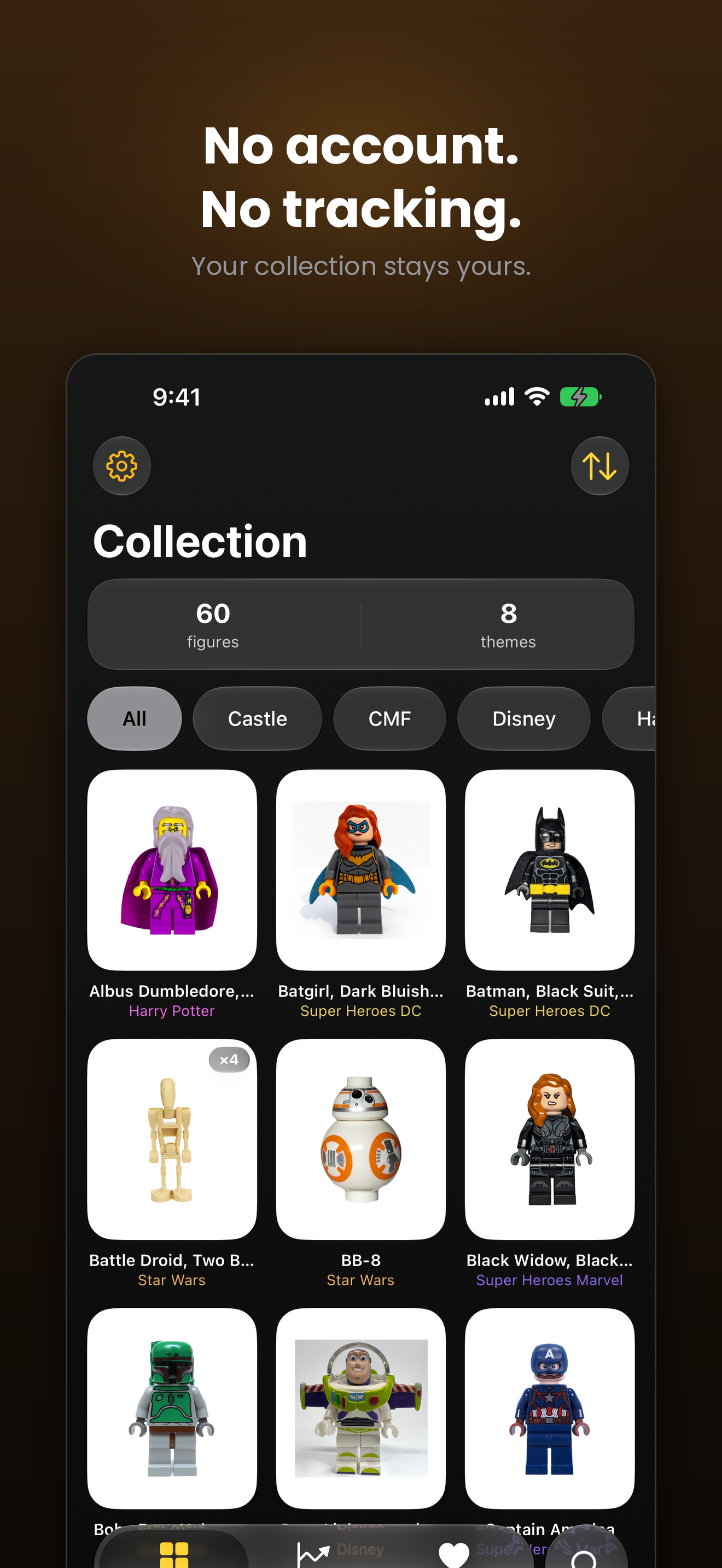 The collection screen, showing minifigures with their themes.